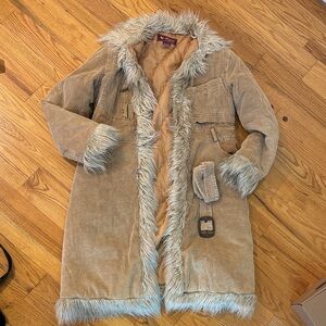 Vintage Tan Corduroy Coat with Faux Fur Trim